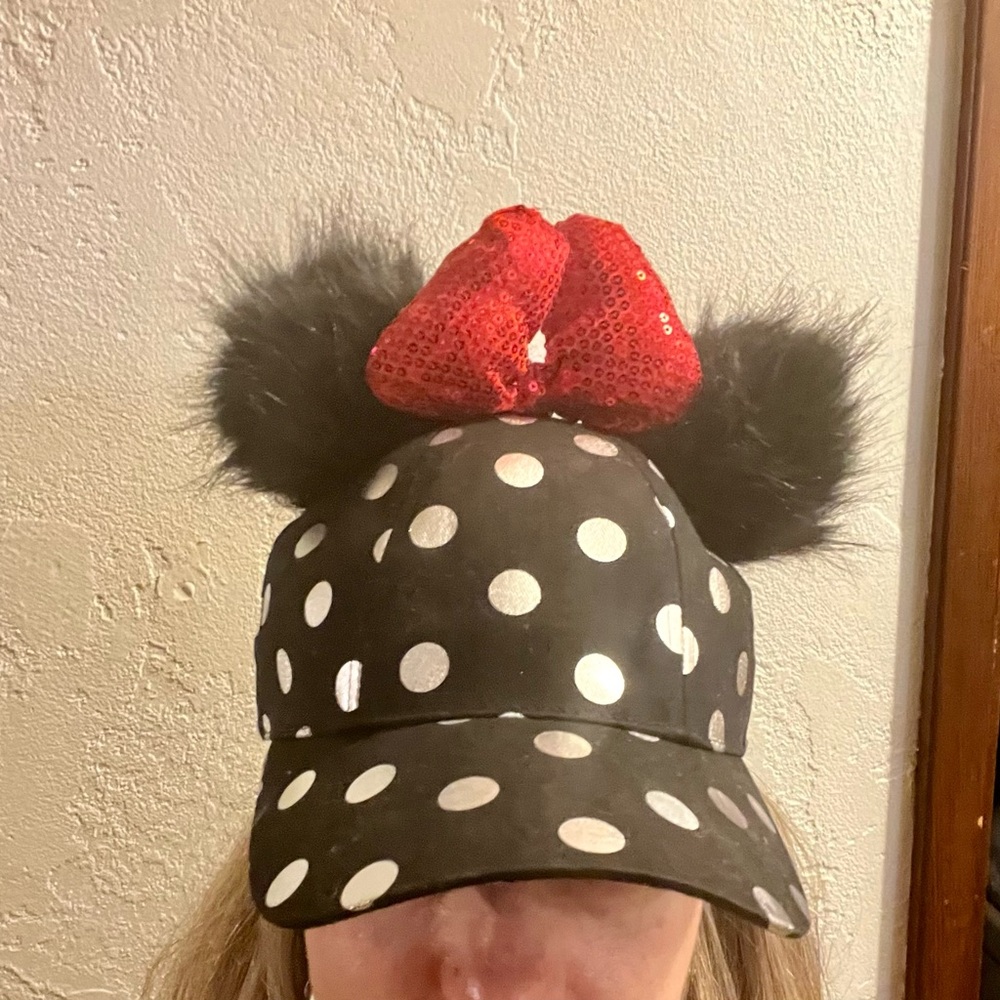 Disney Black and White Polka Dot Cap with Red Sequin Bow